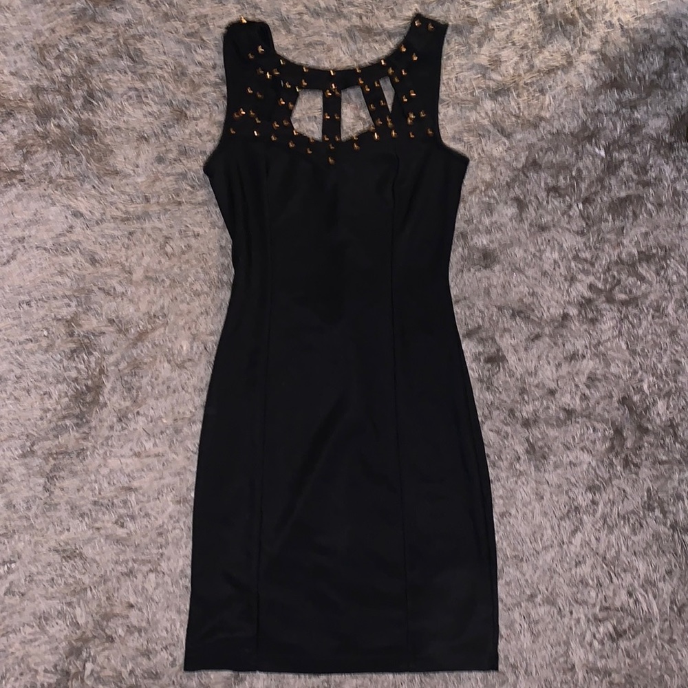 black dress with gold beads